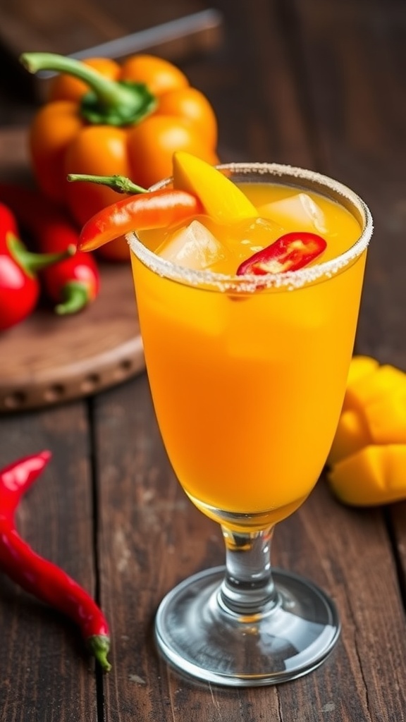 A spicy chili mango vodka cocktail garnished with mango and chili on a rustic table.